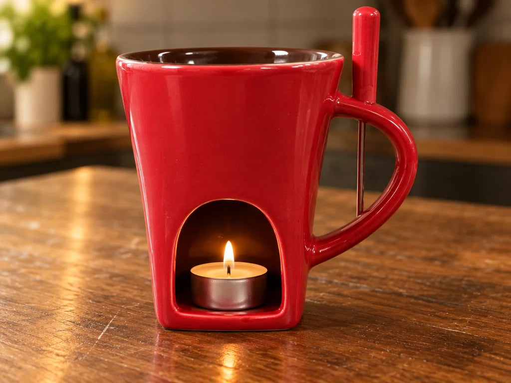 A low close photograph of the exact red ceramic mini-pot mug on a scratched wooden counter, with a s