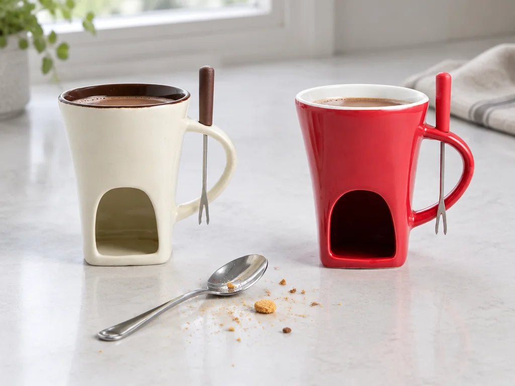 A candid horizontal kitchen-table photograph of the two exact mini-pot mug colors, beige and red, si