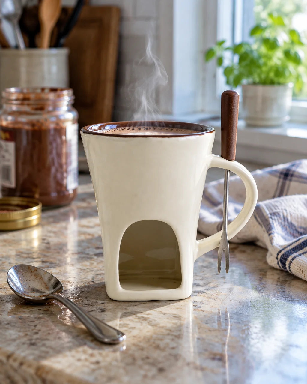 A real home kitchen photograph of the exact beige ceramic mini-pot mug holding a small hot drink, it