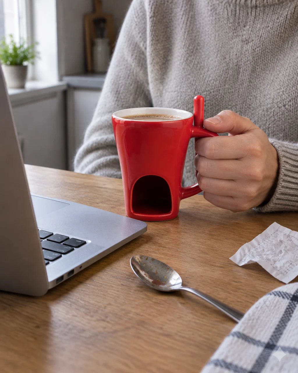 A close photograph in an ordinary home kitchen during a work break, cropped from the person's should