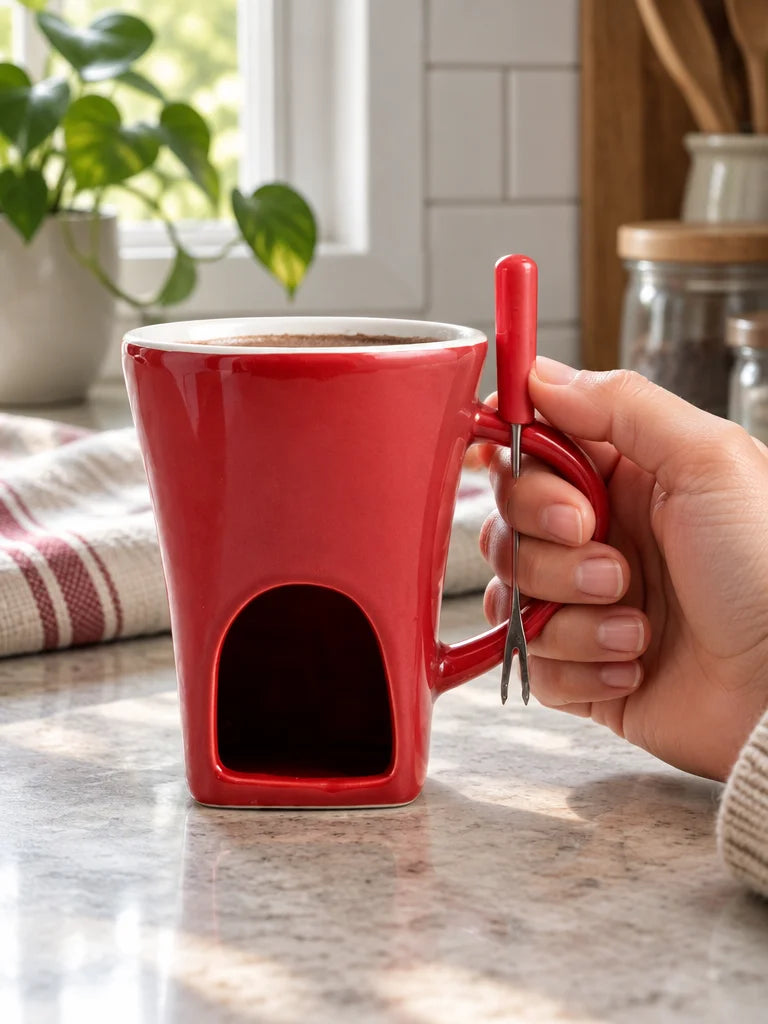 A true-scale close photograph cropped at the forearm: a hand wraps around the exact red ceramic mini