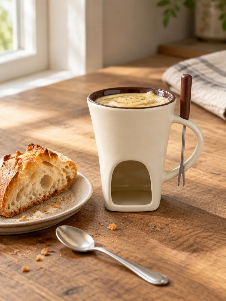 A close photograph of the exact beige ceramic mini-pot mug on a real kitchen table, filled with a pe