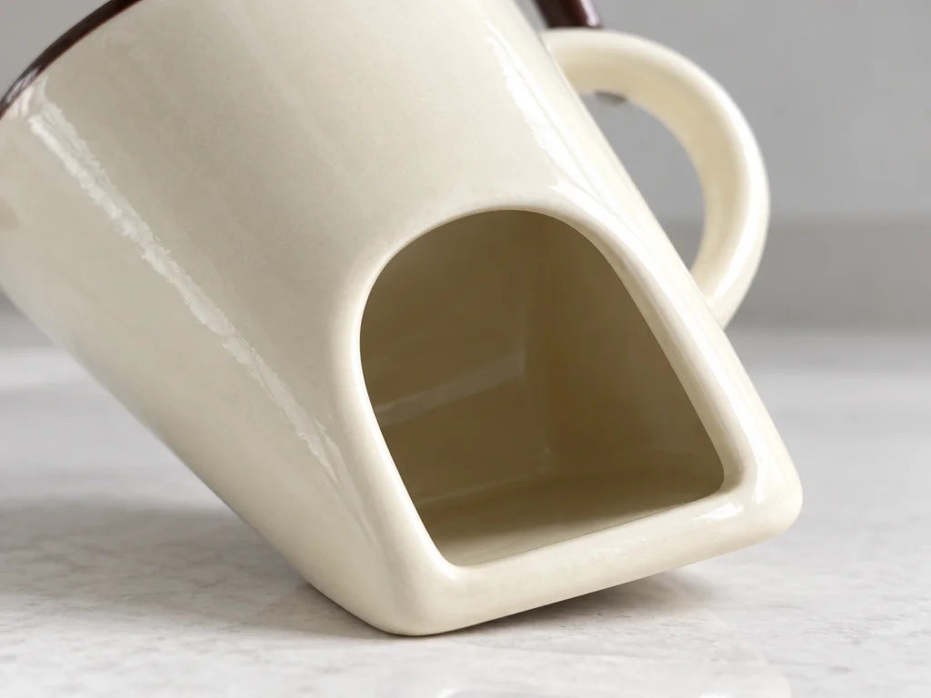 A low-angle macro photograph of the exact beige ceramic mini-pot mug tilted gently onto its side on