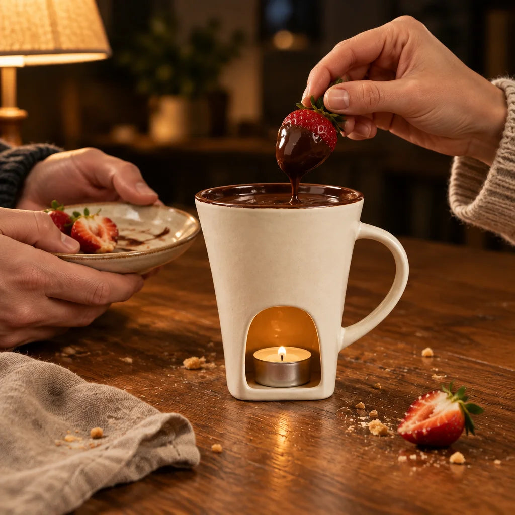 A close photograph of a real dinner table at night: the exact beige ceramic mini-pot mug filled with